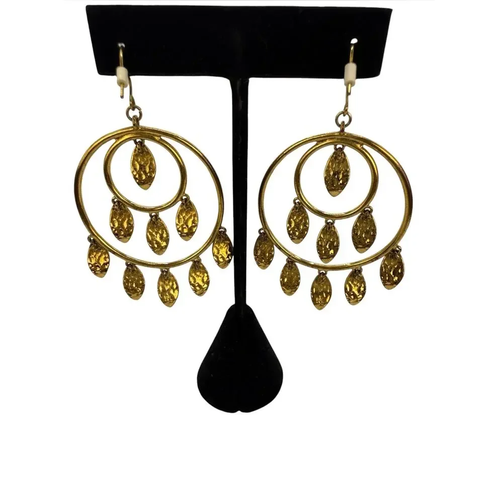 Gold Double Hoop Dangle Earrings with Leaf Charms